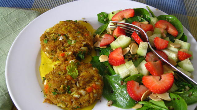 Crab Cakes with Spinach Strawberry Toasted Almond Salad: Sunday, July 4, 2021